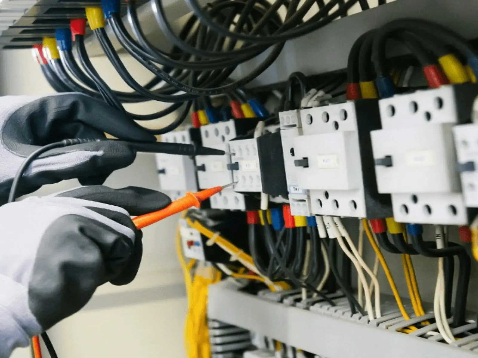 An electrician in safety gloves testing a wiring panel